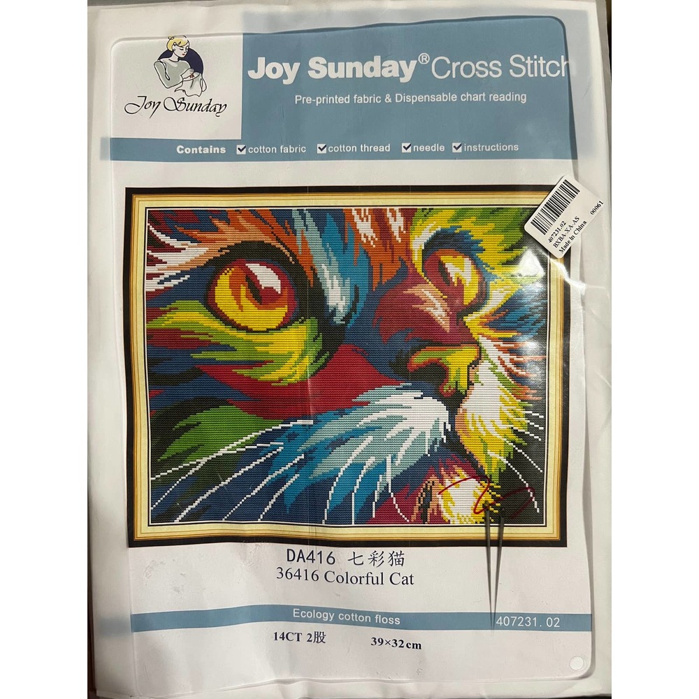 NWB Joy Sunday 36416 Rainbow Cat Face Counted Cross Stitch  15x13